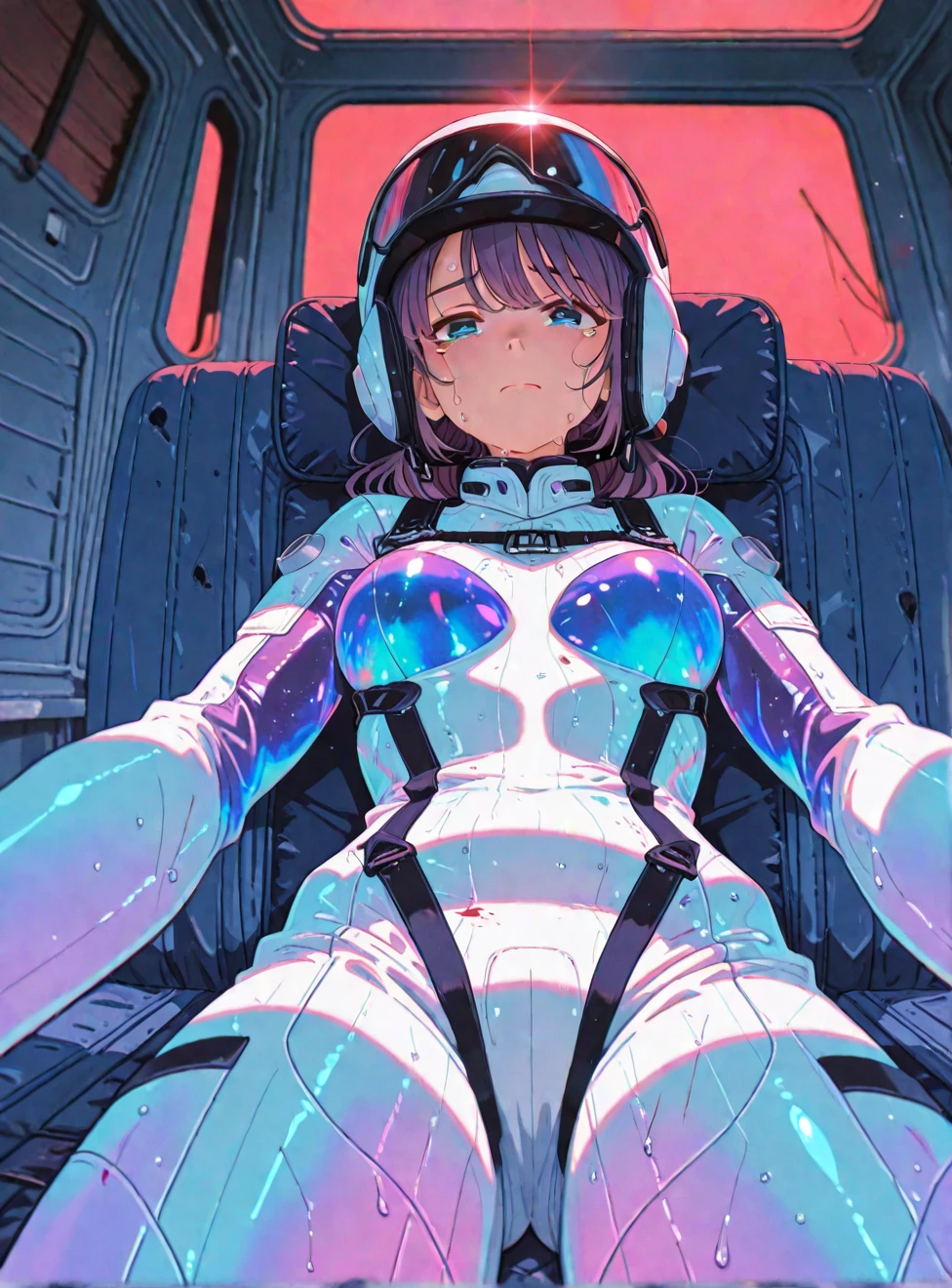 ((gothic vampire piloting in gothic spacecraft)), (((retro anime))), ((from below)), ((120 fov)), ((((gothic control panels)))), ((mature)), (((gothic))), iridescent bodysuit, ((lace accessories)), ((pilot seat)), ((((lying back)) pose)), ((elegant)), (((serious tone))), futuristic, ((cockpit top control panel)), intricate control panel details, 1990s (style), [blushing], sweat, masterpiece, ((claustrophobic)), sparkles, best quality, screens, ((pilot helmet)), ((hands on controls)), night, space, ((cockpit lights))