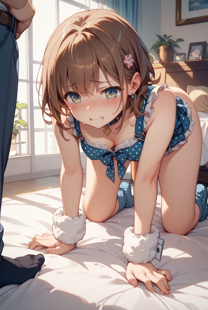 score_9, score_8_up, score_7_up, score_6_up, source_anime, masterpiece, best quality, very aesthetic, uncensored, 1girl, moaning, crying, cute face, large eyes, crystal clear eyes, lace camisole, round breasts, small breasts, breast grab, hair ponytail, brown hair, hair tie, slender legs, pubic hair, excessive hairy pussy, penis, sex, pussy juice, window, window blinds