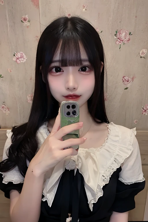 There is a woman taking a photo with her cell phone, ulzzang smoke gray eyes, Lalisa Manoban of Blackpink, jinyoung shin, sun yunjoo, e-chica, e - girl, lalisa manobal, cruel korean gothic girl, jossi de blackpink, heonhwa choe, 1 7 year old anime gothic girl