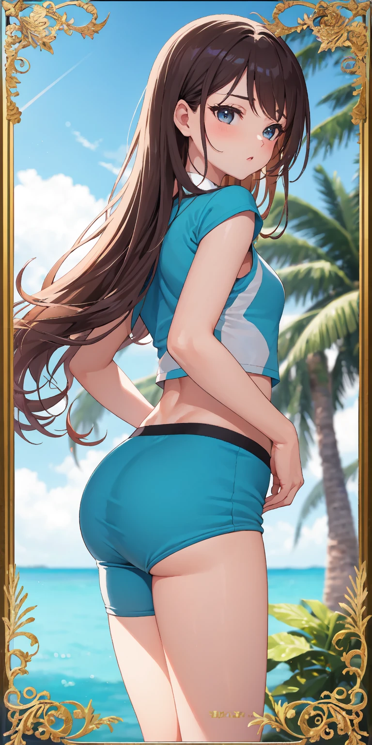 18 year old girl, large eyes, big eyelashes, thin eyebrows, half full cheeks, thick lips, curly brown hair, using a crop top, showing the ass, pussy, calcetas largas blancas, black tennises