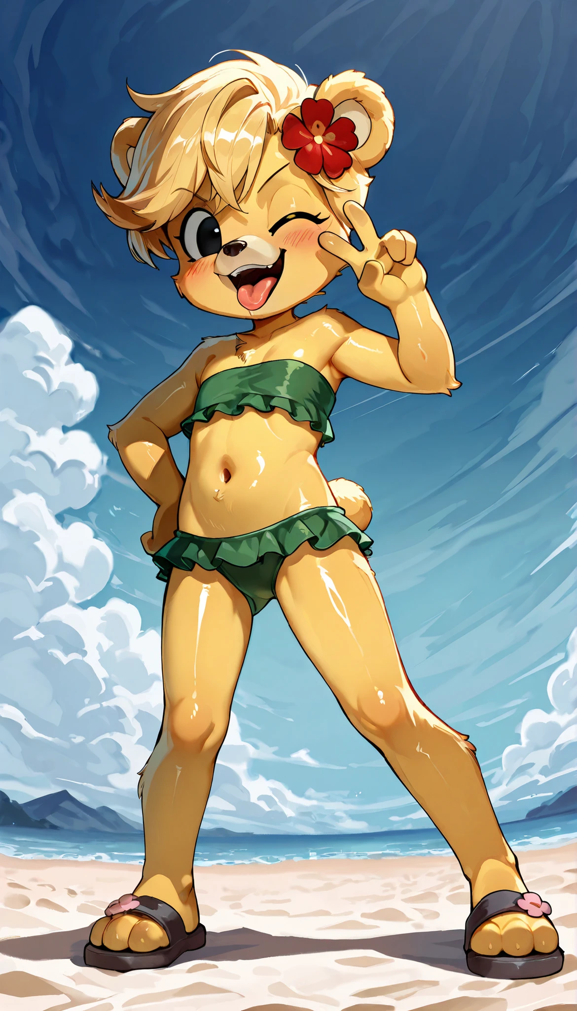 score_9, score_8_up, score_7_up, (masterpiece, best quality, very aesthetic, absurdres, source furry, shaded, 1girl, bear, furry female, Sunni Gummi, young, black eyes, smile, blush, blonde hair, messy bangs, bear features, bear ears, bear tail, yellow body fur, red animal nose, ((flower on hair, green bundeau strapless frilly bikini, sandals)), beach on background, sassy face, anime style, glistering body, navel, shiny body, oily skin, sexy, adorable, skinny, narrowed eyes, (very skinny:1.0), (Small, Short:1.1), (young cub:1.2), full body, feets with three toes, presenting front, epic portrait, sharp teeths, v, peace sign with one hand, wink, one eye closed, tongue out, open mouth, japanese pose, ((no niples)), sfw, angry, smile, standing, low angle view,