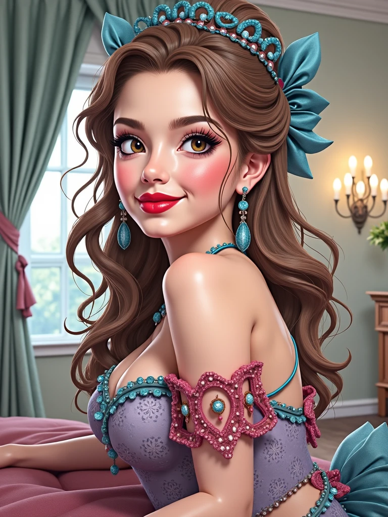 Balerina Gracefully Dancing, Honey Brown Hair, Very Long Hair, Chignon, Crop Top. Leaning-Over-Table, Messy Hair, Pale Skin, Red Lips, Skirt Wth Woodcut Patterns, Crop Top Wth Blue Rosemaled Designs. Midriff, Wide Smile, Eyes Detailed & Wide,Dynamic Pose. Ultra HD, Rococo-Inspired Fantasy Art With Intricate Details. Cute, Charming Expression, Alluring-Gaze, Beautiful Eyes, An-Ideal-Figure. Large Youthful Well-Shaped-Bosom, Attractive-Hind-Quarters. Massive-Round-Bosom, turning. Full Length Side Profile. Digital Painting, Intricate Details. Mesmerizingly mash up of Scarlett Johanson. Alison Brie & Selena Gomez