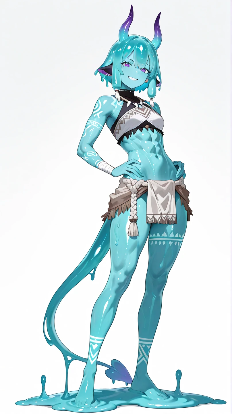 Super realistic, High Detail Face, Clean and delicate face, wide shot, 1 lady, whole body, Fighting posture, Holding Long stick with both hands Anatomically correctly, Purple ponytail, parted bangs, blue skin, wearing a Black and gold mini Kung Fu costume, Thighs, Leather bandages wrapped around the shins, Black Sandals, glaring at the viewer, simple color background