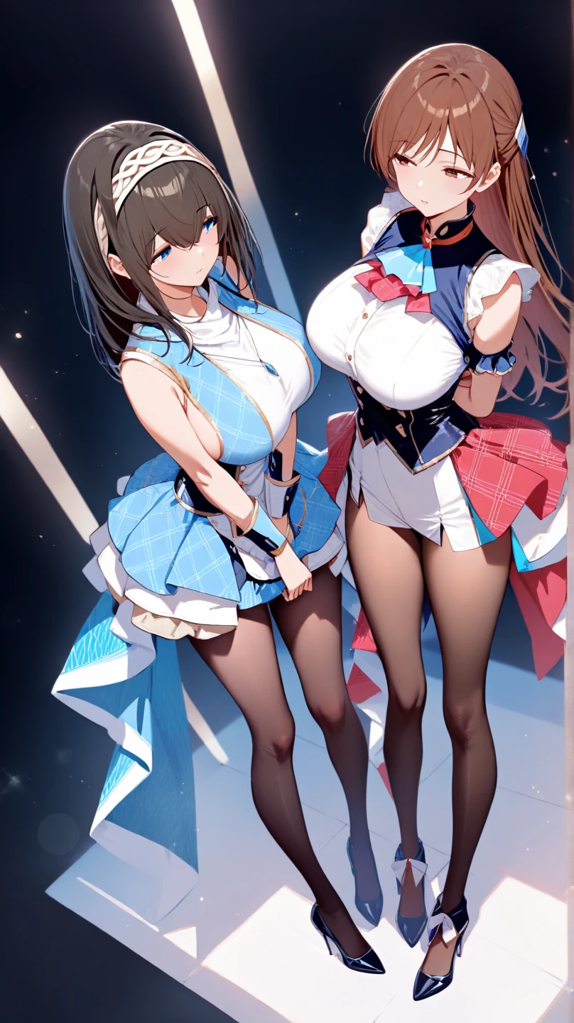 highest quality,wonderful,finely,extremely detailed CG Unity 8K wallpaper, (2 Girls,Black Hair, Purple Eyes, long hair、Wicked Smile), (Grin:1.1), ((Brown Skin:1.2), (Light blue striped bra:1.2), (see-through:1.3), (huge breasts:1.1),(off-shoulder sailor uniform:1.3), (zettai ryouiki:1.4)