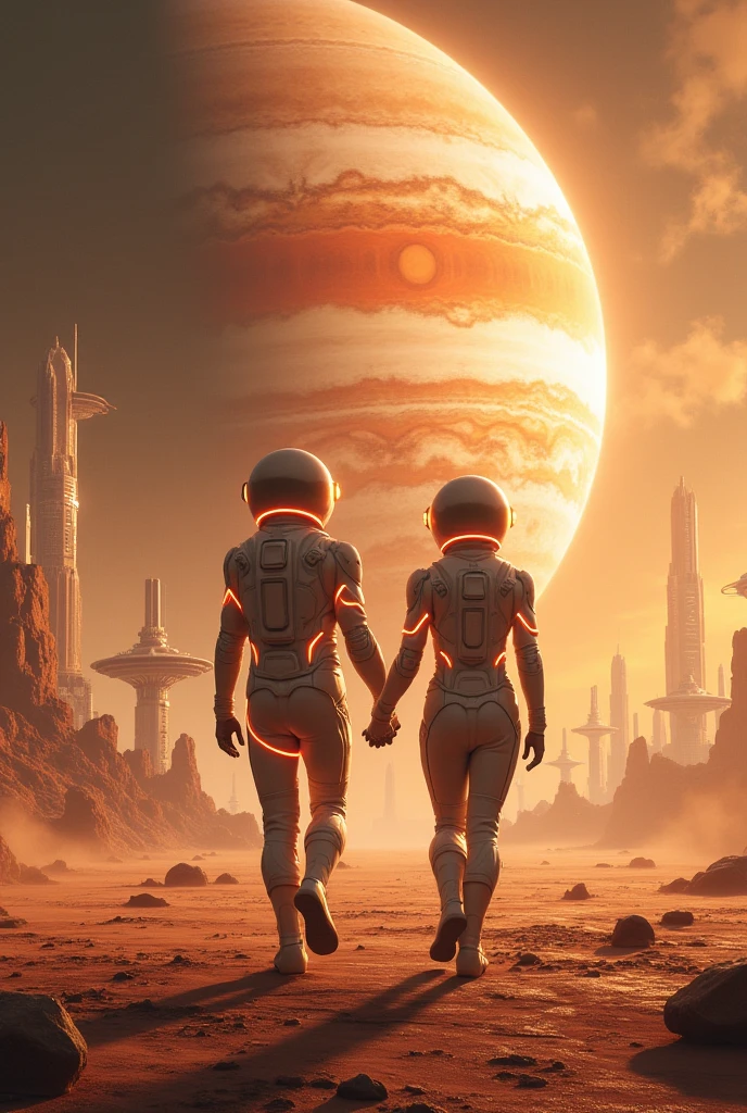 two-shot, rear angle, Highly detailed RAW color Photo, Rear Angle, Full Body, of (TWO female lesbian space soldiers, wearing orange and white space suit, accentuated booty), ((perfect face)), outdoors, (looking back at viewer, on alien planet), toned body, big butt, (sci-fi), (a rocket is launching over the horizon in the background), (mountains:1.1), (lush green vegetation), (two moons in sky:0.8), (highly detailed, hyperdetailed, intricate), ((DAY TIME)), (lens flare:0.7), (bloom:0.7), particle effects, raytracing, cinematic lighting, shallow depth of field, photographed on a Sony a9 II, 50mm wide angle lens, sharp focus, cinematic film still from Gravity 2013, from behind