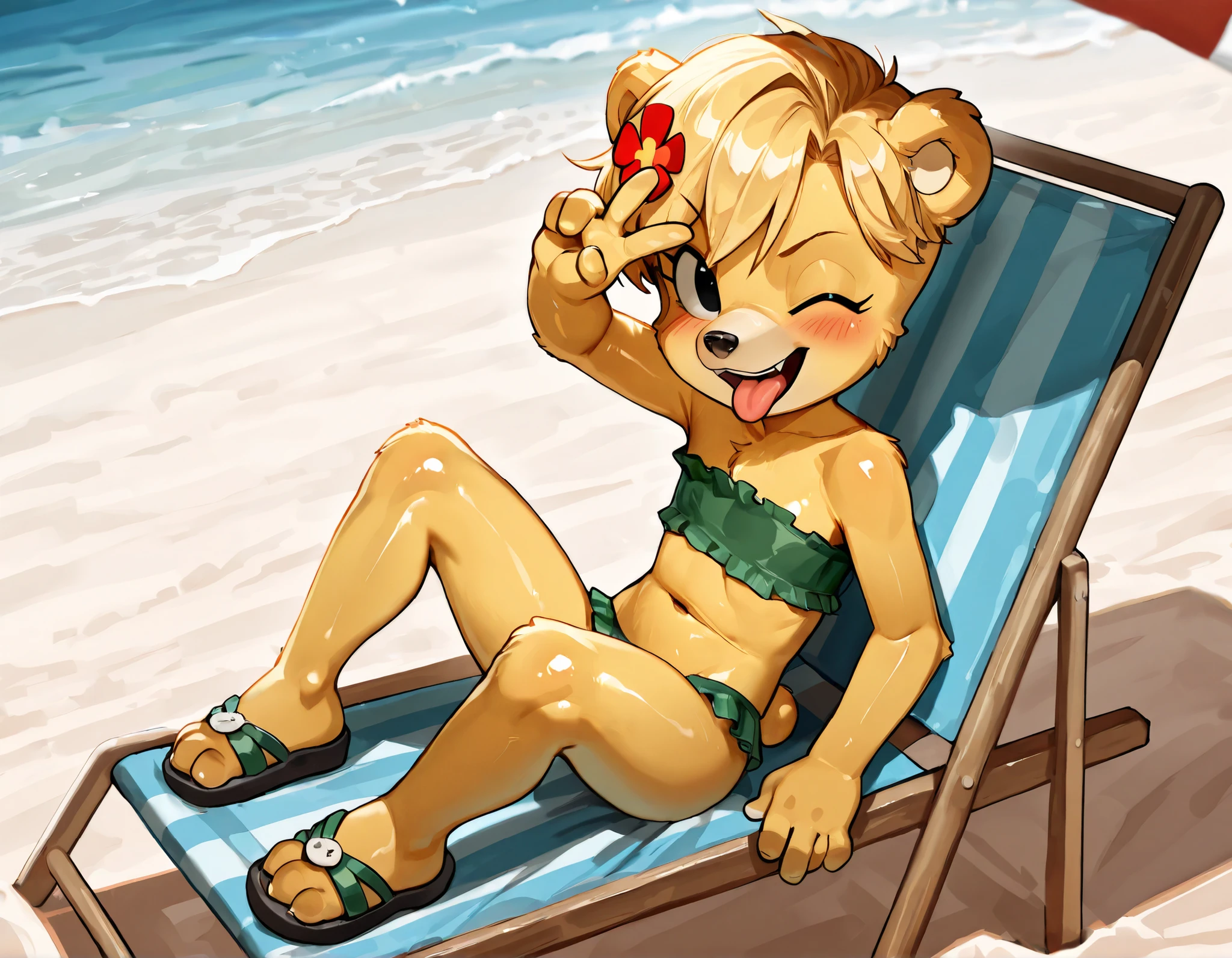 score_9, score_8_up, score_7_up, (masterpiece, best quality, very aesthetic, absurdres, source furry, shaded, 1girl, bear, furry female, Sunni Gummi, young, black eyes, smile, blush, blonde hair, messy bangs, bear features, bear ears, bear tail, yellow body fur, red animal nose, ((flower on hair, green bundeau strapless frilly bikini, sandals)), beach on background, sassy face, anime style, glistering body, navel, shiny body, oily skin, sexy, adorable, skinny, narrowed eyes, (very skinny:1.0), (Small, Short:1.1), (young cub:1.2), full body, feets with three toes, presenting front, epic portrait, sharp teeths, v, peace sign with one hand, wink, one eye closed, tongue out, open mouth, japanese pose, ((no niples)), sfw, angry, smile, sit on beach chair, low angle view,