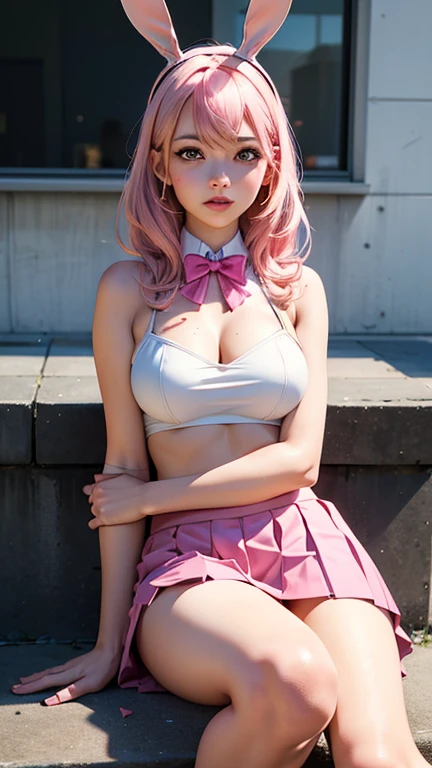 ((skirt lift:1.3)),((Pink platinum hair:1.15)),((Panty shot:1.3)),Japanese gal style makeup,gold necklace, gold bracelet, gold belt, {{Low-rise skirt with slit}}, plaid pleated skirt, {{{へそ length white shirt}}}, {{{{Shirt tied under the chest}}}}, socks, long hair,1 girl,(highest quality,4k,8K,High resolution,masterpiece:1.2),1 beautiful woman,18-year-old,35mm lens,f/1,considerable breasts,soft sunlight,bright colors,playful expression