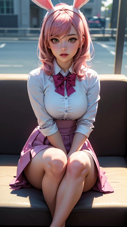 femboy, their penis is coming out from under their skirt, medium sized boobs, feminine face, short tomboy pink hair, mouth open, leaning forward.