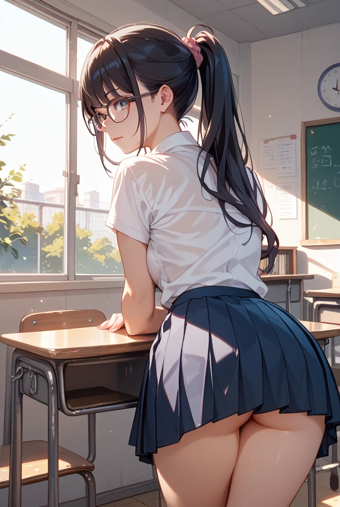 hight resolution, top-quality, ultra-quality, The ultra-detailliert, lighting like a movie、school classrooms、Schoolgirl Buck、white panties、gargantuan butt、nice butt、perfect buttocks、embarrassed from、Wearing sweat、full of sweat