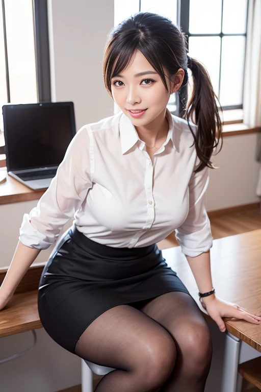 (Only one person), Pure Japanese young girl, outstanding body, beautiful legs, wearing formal business suits, (panty), high heels, vivid makeup and lips, thick eyebrows, formal black hair styles, sweet smile, secret temptation, professional portrait photography, sitting, lift up skirt, spread wide legs, soft sunshades, 