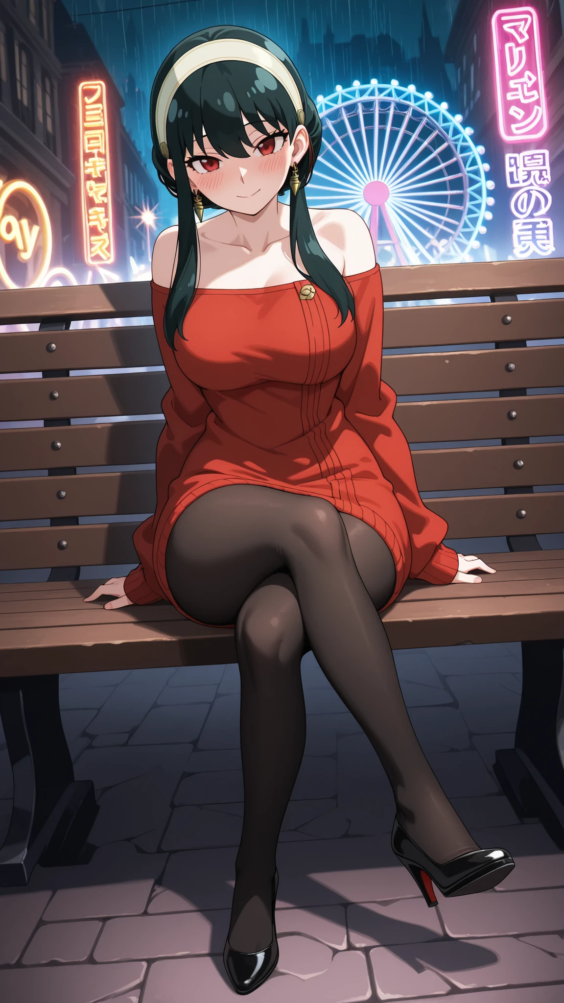 BREAK looking at viewer, BREAK outdoors, BREAK (masterpiece:1.2), best quality, high resolution, unity 8k wallpaper, (illustration:0.8), (beautiful detailed eyes:1.6), extremely detailed face, perfect lighting, extremely detailed CG, (perfect hands, perfect anatomy),makima, long hair, smile, bangs, (medium breasts:1.2), (yellow eyes:1.2),city,street,wet road,night, braid, red hair, braided ponytail, ringed eyes,japanese dress,red dress,neckline,cleavege,skinny fit,medium breasts,, necklace,showing panties,panties, upskirt,black stockings,stocking suspenders,on knees, sit on knees,from above,