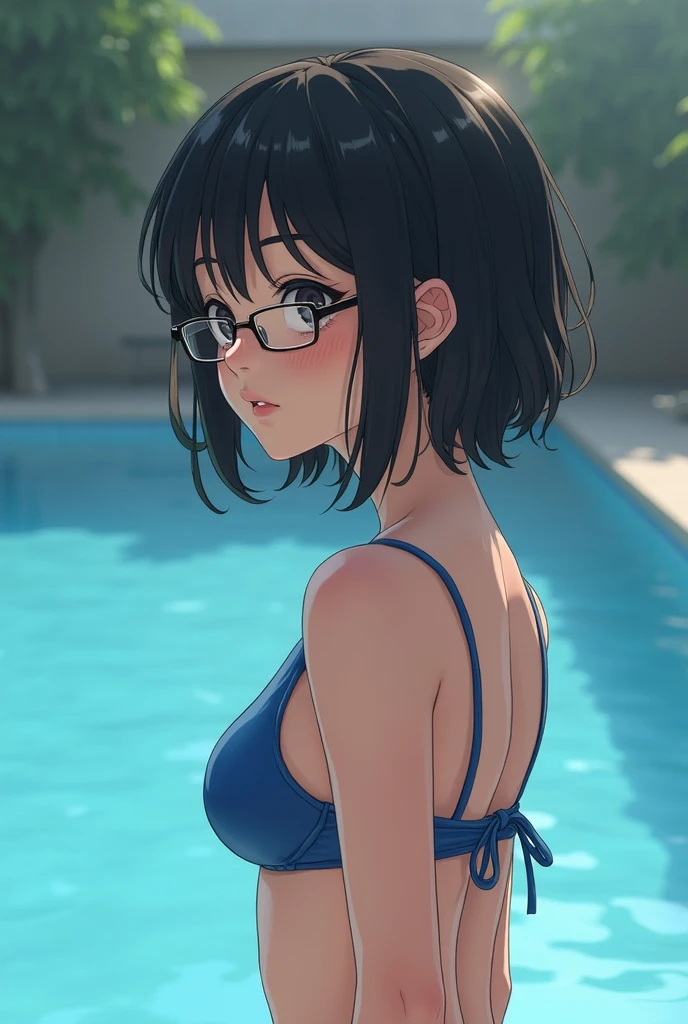 (maximum resolution: 1.2), (ultra high definition tv: 1.2), cinema light, 8K resolution, fine eyes and skin, detailed face, (sharp focus on breasts: 1.2, (The focus is on the face:1.2), perfect style, cute face, Accurate, anatomically correct, Highly detailed face and skin texture, double eyelid, thin eyebrows, glitter eyeliner: 1 natural cheek, shiny skin, Fair skin, Glossy skin: 1.2, (glossy lips: 1.4), (embarrassed look: 1.2), 20 year old woman, (highest quality:1.2), (((angle from below))), cinematic lighting, perfect style, beautiful face, blush, humiliation, impatience, glare, tears, embarrassing, surprised expression, anger expression, (dark blue bikini swimwear:1.5), full of sweat, light brown hair, green ash eye, soaking wet, bukkake:1.5, (fascinating pussy:1.2), exposed pubic hair, bare butt, (flat chest:1.5), disheveled clothes, Glasses, stuck out pussy, short bob, (LowriseXL:1.5, LowwaistXL:1.5)