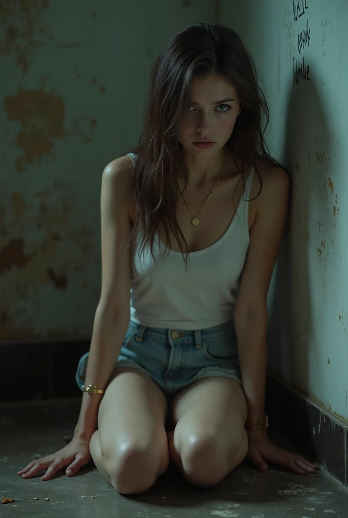 ((Emma Watson)), Long Hair, (Top quality, 4k, 8K, high resolution, Masterpiece: 1.2), Super detail, (realistic, photo realistic, photo-realistic: 1.37), oil painting, vivid colors, dark lighting, horror, mass kidnapping, forced collective sex, slit, helpless beautiful girl, struggling, seductive beauty, Wild gang members, intense emotions, teary eyes, fear floating on her face, tied realistic hands and feet. In an abandoned tuff house, sassi_di_matera in background, dusty atmosphere, quiet cries, blood-freezing cries, begging for mercy, pain and anguish, anxious shadows, gritty textures, ominous atmospheres, emotional scenes, tooth-clenching fears, sharp claws, indomitable chains, evil intentions, horrible details, lurking danger, a sense of hopelessness, hopelessness, horrible
