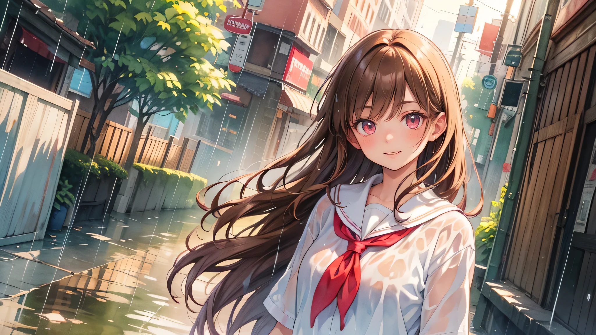 masterpiece, insanely detailed, best quality, hyper detailed, high quality, exquisite, detailed, beautiful, ultra detailed, FHD, Full-HD, absurdres, highres, 16K, female, intelligent, standing, looking at viewer, long hair, straight hair, shiny hair, pink eyes, tareme, droopy eyes, detailed face, detailed skin, shiny skin, petite, beautiful, calm atmosphere, upper body, half body photo, closeup shot, dutch angle shot, golden hour, sepia-toned, soft colors, pale colors, voluptuous, curvy, medium skin, in the city, on the street, in the evening, with rain, chill atmosphere, Rain-soaked hair, Rain-soaked face, clothes drenched in rain, soft-edged, soft lines, school uniform, blonde, brown hair, smiling, light watercolor, dreamy watercolor, watercolor