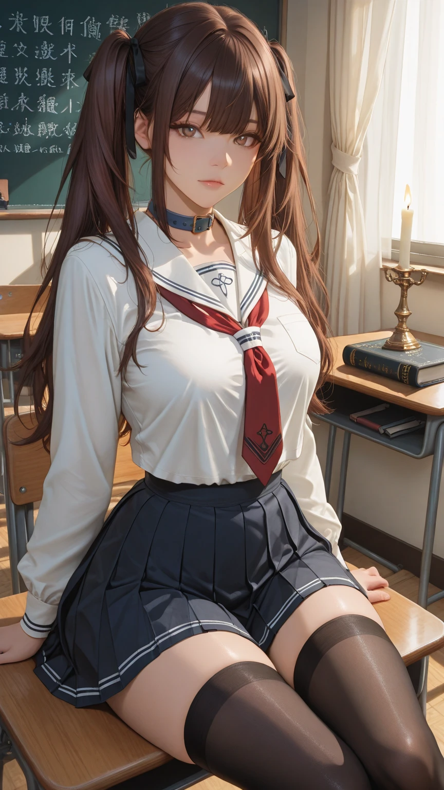 (((masterpiece, Highest quality, High resolution, 超High resolution, Perfect Pixel, Depth of written boundary, 4K, RTTX 10.0))), Beautiful Anime Woman, Beautiful art style, Anime characters, ((Smooth texture, Realistic texture, Anime CG Style)), Exact finger count、Exact number of legs、(Exact number of arms:1.0, Exact number of hands:1.0), (Perfect hands, Perfect Anatomy), Cinematic, Realistic, Extremely detailed CG, Daytime lighting, Perfect lighting, Best Shadow, The best natural light, whole body, Perfect body, バランのとれたPerfect body, Perfectly balanced style, Slender body, ((Long Hair, bangs, Reddish brown hair, Stylish and trendy hairstyle)), ((A cute adult woman is holding her panties in both hands and showing them, holding panties, presenting panties:1.8)), ((Sailor suit tops, Sailor collar, White shirt, Navy pleated mini skirt:1.3), (Knee-high socks:1.3):1.3), (Beautiful and big breasts:1), (Very embarrassed look:1.5), blush, (School classroom, Desk and chair in the background:1.3), Angle from the front, (Blue lace panties:1.1)