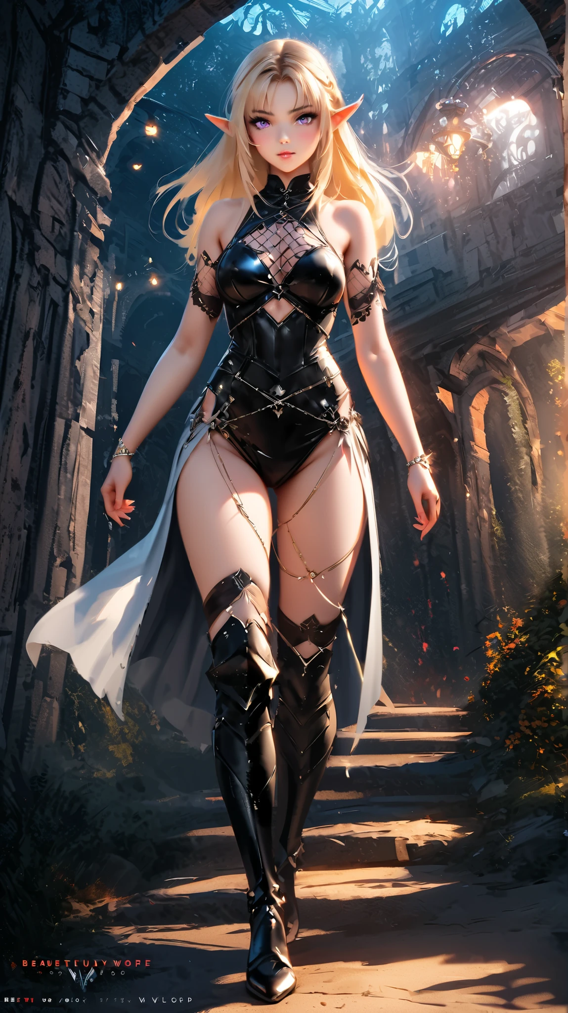 Masterpiece in maximum 16K resolution, with a ((Warcraft-inspired style)), featuring a medieval perspective and horror and horror elements. | A demon woman, 20 years old and with imposing horns, wears black medieval armor adorned with golden details. Her leather boots complement the look, while her green hair, long and tied in a ponytail, has bangs that cover part of her face. His penetrating gaze is directed at the viewer, revealing an aura of determination. | In the gloomy nocturnal underworld, she stands before a completely destroyed castle, engulfed in flames, with large stone structures and ancient columns inscribed with mysterious writing. Demons circle around, adding to the terrifying atmosphere. The ground is stained with blood, adding a macabre touch to the scene. A single moon in the upper right corner illuminates the shadowy landscape, while an ominous fog envelops the environment. | The three-dimensional composition highlights the imposing presence of the demon woman, with a viewing angle that emphasizes her dominant posture. Cinematic lighting highlights the details of the armor, enhancing the sense of horror. Effects such as shadowy glows, cast shadows and enhanced textures complete the visual narrative, providing an immersive and frightening experience. | Scene of a demon woman in the nocturnal underworld, in front of a burning castle, surrounded by demons and ancient writings, under the sinister light of a moon. | {The camera is positioned very close to her, revealing her entire body as she adopts a dynamic_pose, interacting with and leaning on a structure in the scene in an exciting way} | She is adopting a ((dynamic_pose as interacts, boldly leaning on a structure, leaning back in an exciting way):1.3), ((perfect_pose)), ((perfect_pose):1.5), (((full body))), ((perfect_fingers, better_hands, perfect_hands, perfect_legs)), ((perfect_fingers, better_hands, perfect_hands, perfect_legs):1.1), More Detail.,