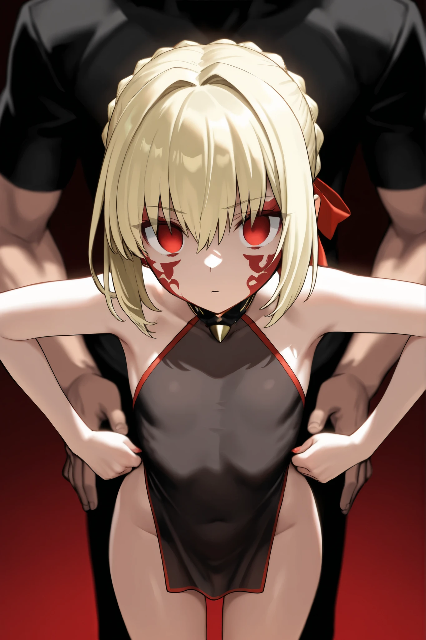 nsfw, bewitching pose, (((vulgarity))), sweat,Dripping water,My whole body is wet,heavy breathing, humid, FOG,(Stuffy armpits:1.2),  restrained, (blindfold:1.5), 
fucked silly, oral invitation, embarrassed,
1boy, penis,(vaginal penis:1.4),(intercourse with a man),((standing on one leg)),((leg up)), cowboy shot,
standing split, sex,(intercourse with a man),1girl, pussy cum,
((Highest quality)), ((masterpiece)),(detailed),High resolution,Sharp focus,Perfect Face,{best illustration},(complete anatomy),
(非常にdetailed CG unity 8k wallpaper),(((Vibrant colors))),Official Art,((detailedなボディ)),(detailedな顔)),Perfect Fingers,
cute,erotic,Bold,very shiny 肌,Shiny body,plastic glitter 肌,exaggerated shiny 肌,illuminated 肌,
Big Breasts,glamorous,Tight waist,Long legs,curve,Cleavage,Bold,Revealing clothing,show 肌,
(Complex eyes,Beautiful fine details,Symmetrical eyes,Big eyes:1.5,Seductive eyes,  Natural skin texture, Realistic facial details),
(Nishikigi Sensoku),short hair,bangs,Blonde,(Red Eye:1.5),Hair Ribbon,One Side Up,Bobcut,