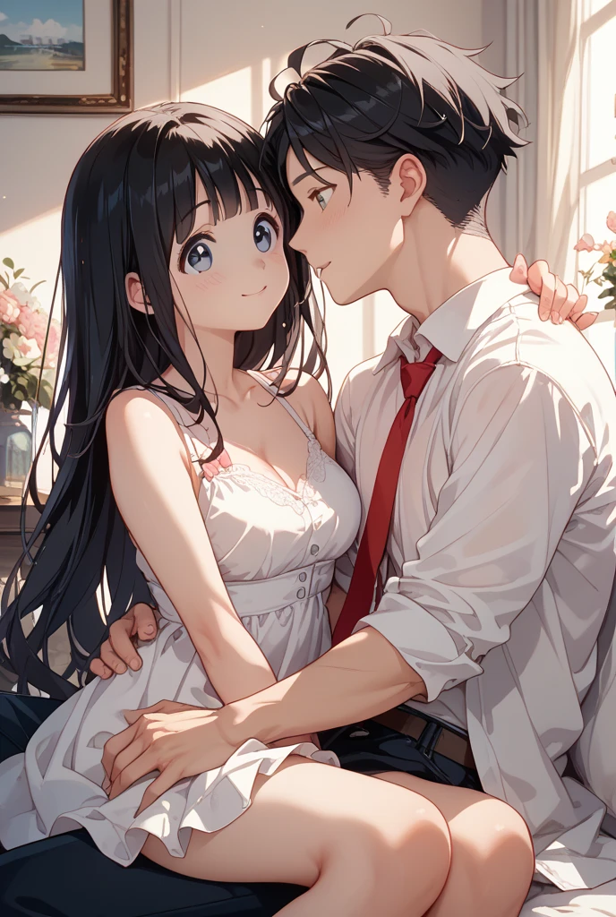 4k, dark scene, ruined environment, depict a passionate love story between two individuals, both with luscious black hair, the man with striking blue eyes, and the woman with captivating red eyes.
