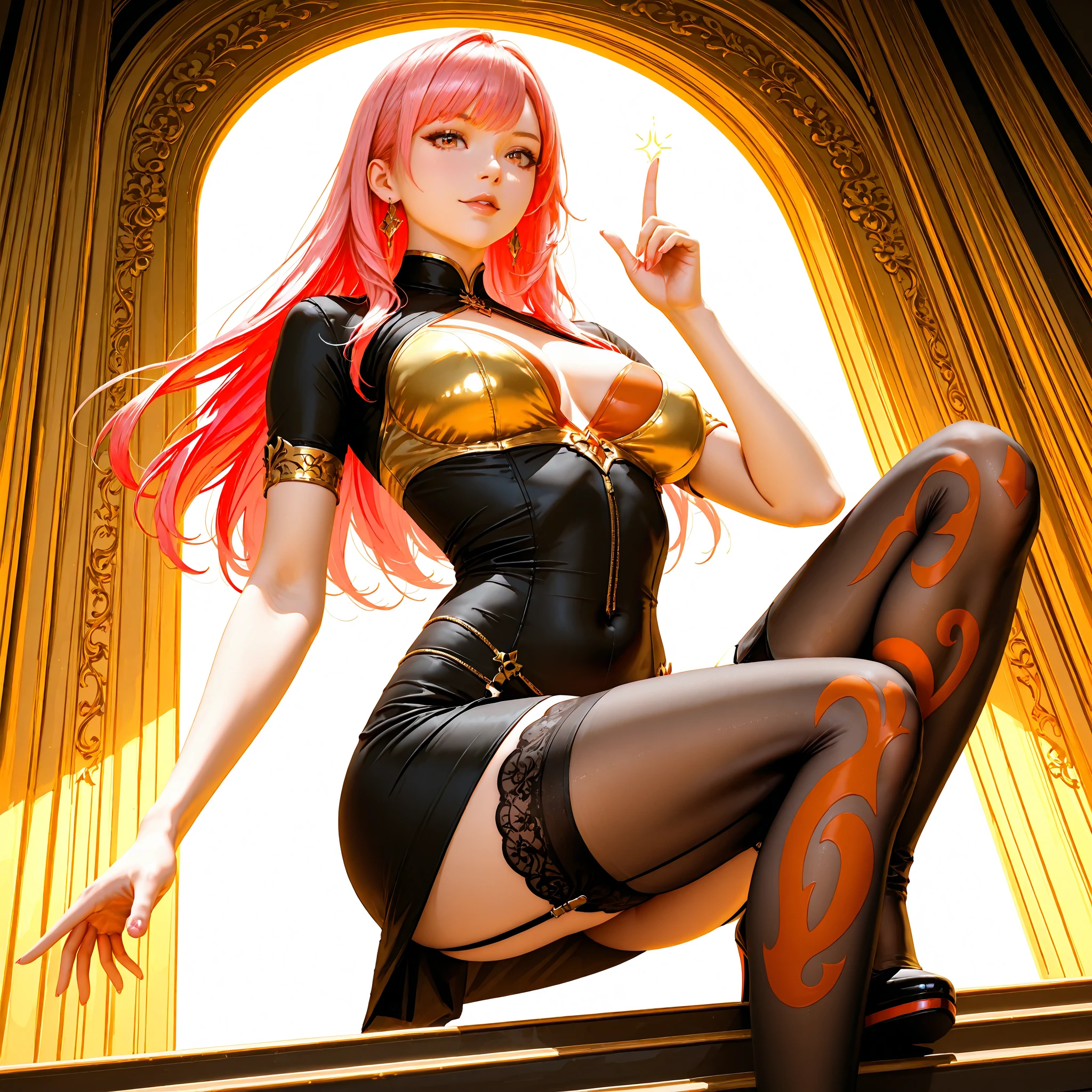 Large breasts, Blue hair, upper legs, white thighhighs, Pink clothes, Long legs, No bra, High heel, Pink eyes, Heart eyes, heart shaped breasts, Bare_hindquarters, bangs, areola of breast, Elbow gloves, Chinese dress, Fat ass, hair tying, wears_navel, Looking_at_peeping at the viewer, Arms_Behind_Head, Blush, Sleeveless_dress, Long hair, cosplay,Fantastic，The back of the hand is behind the back，Hands up behind your head，Broad lighting，Glossy Clothes,Chinese-style architecture，China-style，gazebo，Lace，Quaint，Tight cheongsam，Flowing cheongsam，Chinese style cheongsam，on cheongsam，Gold ornaments，(Elbow gloves:1.0),Silk gloves， Chinese dress, Fat ass, hair tying, wears_navel, Looking_at_peeping at the viewer, Arms_Behind_Head, Blush, Latex cheongsam, Long hair, cosplay,Fantastic，The back of the hand is behind the back，Hands up behind your head，Broad lighting，Glossy Clothes,Chinese-style architecture，(Tight cheongsam:1.0)，Chinese style cheongsam，on cheongsam，Gold ornaments，Over the sleeves,(on cheongsam:1.0),(Put your hands behind your head:1.0),Facing the viewer,autumnal,Beds,high-heels,(stocklings:1.3),Lace wreath on the legs,bangle,eardrop,choker necklace,jewelery,Ribbons,lace-trim,Heavy makeup,long whitr hair,High ponytail,hair straight,Princess cut,Be red in the face,Seductive smiles，Qi bangs，(Black gloves:1.0)，White stockings，perfect bodies，Green hair，fox ear，Qi bangs，Curvaceous，multicolored hair，between breasts,Arms up,(Open legs:1.0),curvy hip,spread_Legs,Kneeling，Pink cheongsam decoration，Pink clothes， shame，