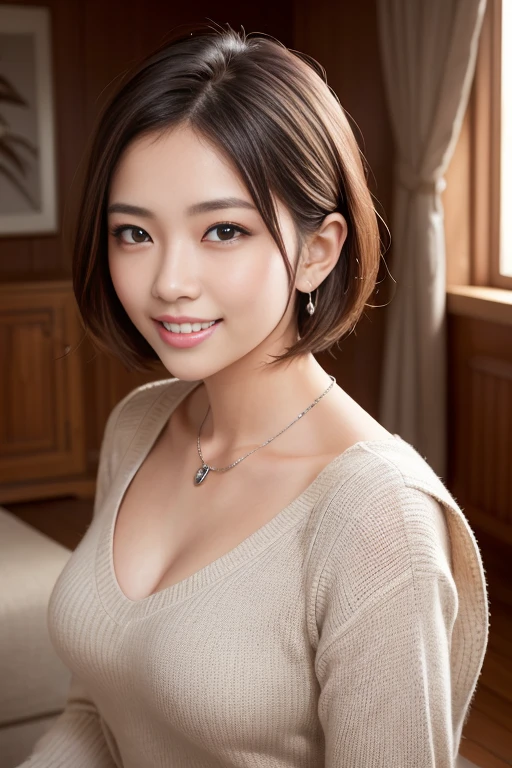 (Best Quality,16k,A high resolution,Masterpiece:1.2),ultra detailed,(beautiful japanese girl:1.3),big breasts:1.4,Short midi hair cut with light brown highlights, (realist,photorealistic,photorealistic:1.37),Korean fashion beauty,Japanese and Korean beauties,beautiful and innocent,detailed eyes and face,beautiful detailed lips,long eyelashes,natural eyebrows,Slimming,Fashion, big toothy smile, (beautiful,charming:1.1), vivid colors, fading lights,in a normal modern apartment in miami, Casual clothes