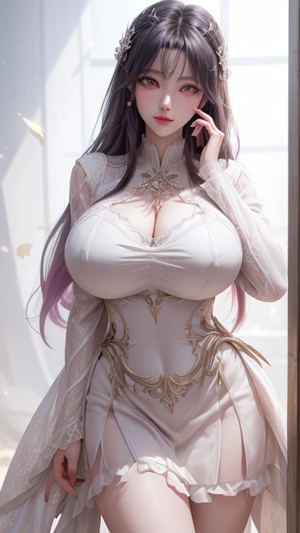 best quality, masterpiece, highres, 1girl, sexy transparent white lace nightgown, hair ornament, necklace, jewelry, transparent mini skirt, long hair, earrings, detailed beautiful eyes,detailed eyelash, Beautiful face,full_body, tyndall effect,photorealistic, rim lighting, two tone lighting,(high detailed skin:1.2), 8k uhd, dslr, soft lighting, high quality, volumetric lighting, candid, Photograph, high resolution, 4k, 8k, Bokeh, in garden, falling snow, winter, (gigantic breasts:1), ((pink nipple)), show Panties