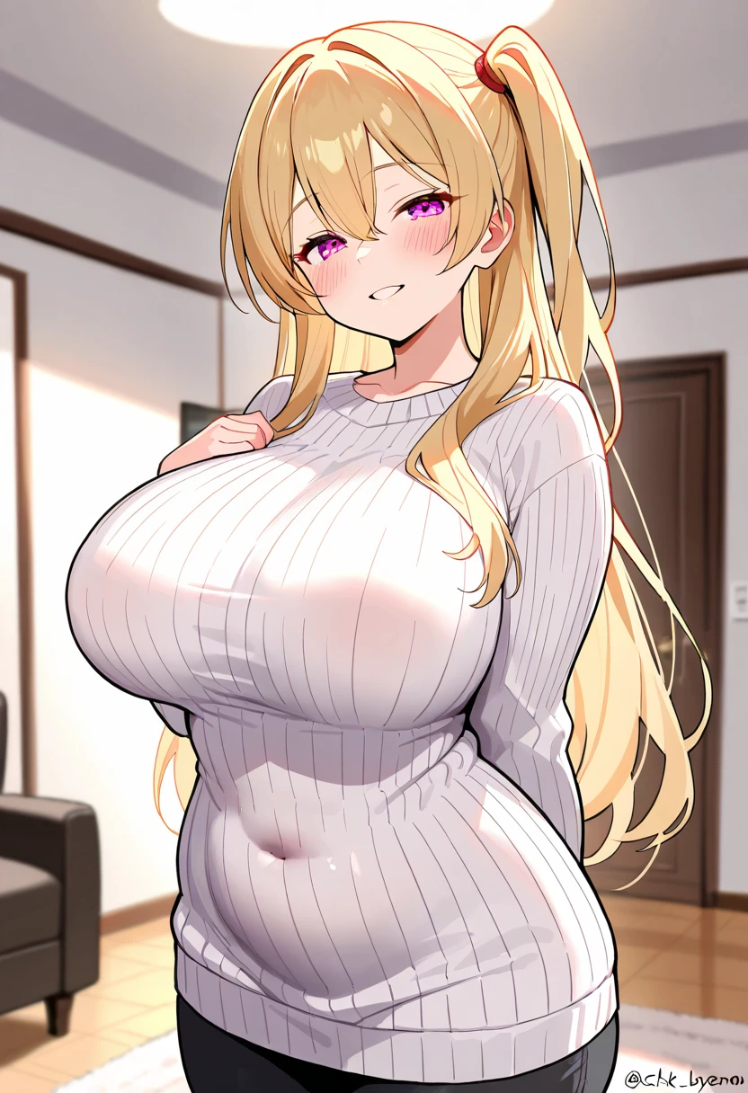 4-year-old、Lori、he is short、Extremely large breasts、Huge breasts、closed eyes smile、Open your mouth、room、one piece