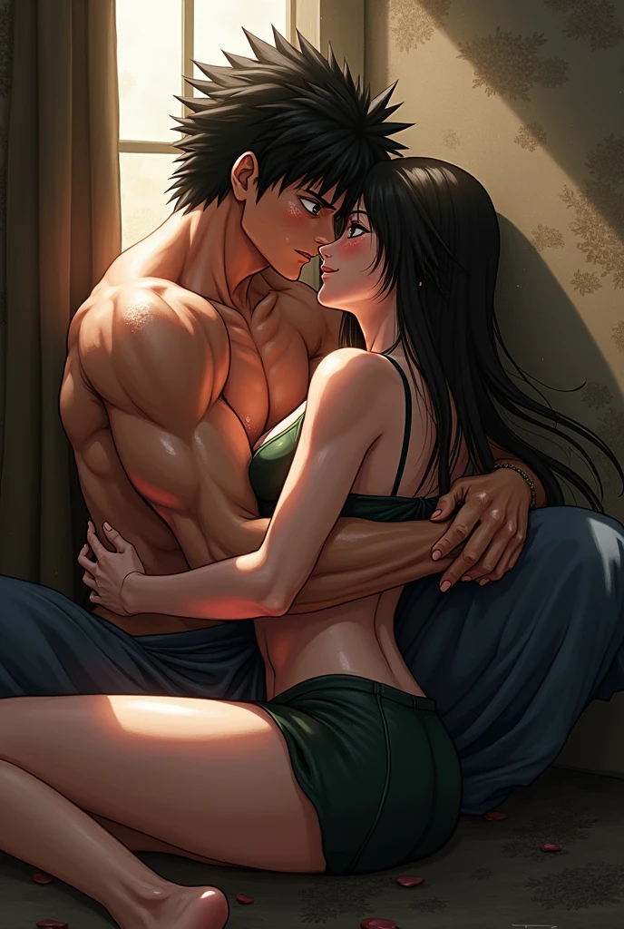 high quality, detailed, Realistic, (two 16 years old japanese boys), (detailed black eyes), (abs:1.5), (shiny skin), detailed nipples, black hair, (black tiny thong), (erected bulge), summer noon, (smile:0.7), close up face, laying, kissing,