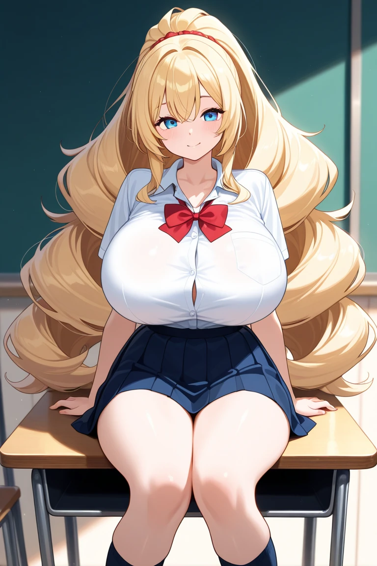 blonde hair color,long hair,pink eyes,high school costume,tie,skirt,earrings,huge breasts,Whipped thighs,slender,SFW,perfect,high quality,faultless,smile,near,SFW,perfect,high quality,faultless,classroom background