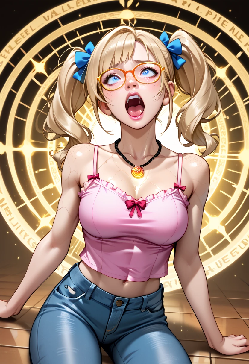 blush, smileglowing aura, natural light, masterpiece,  glossy skin, juicy lips , ,sexy, hot, , cleavage, evil,juicy lips, bimbo, hour glass, blonde hair,  wide eyes, green eyes, massive boobs, dark lighting, long hair, no bra, pink bow, oversized jumper, platform shoes, bow in hair, golden round glasses, sandy blonde hair, bimbo, cute, fluffy white coat, shopping, shopping bags, white fluffy coat, evil smile, no hair on forehead, no fringe, from below, juicy lips, cowboy shot