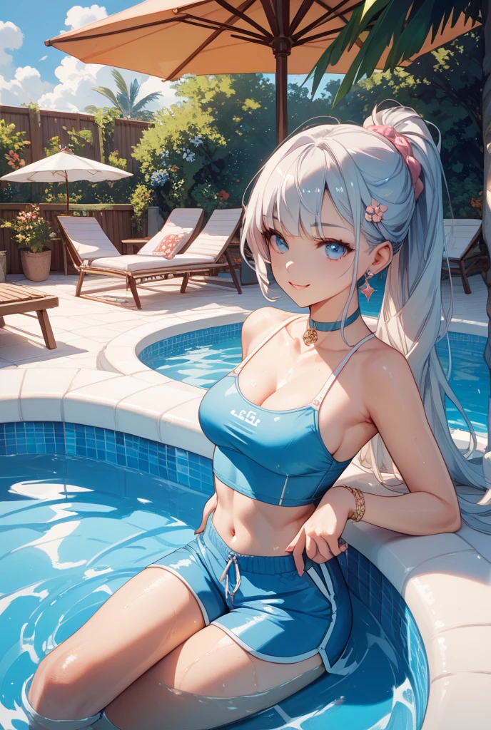 ((obra-prima)), (melhor qualidade), (detalhado), (1 mulher), slingshot swimsuit, Twintails, seios grandes, umbigo, cabelo cinzento bronya rand, (piscina), interior, focando em detalhes nos olhos