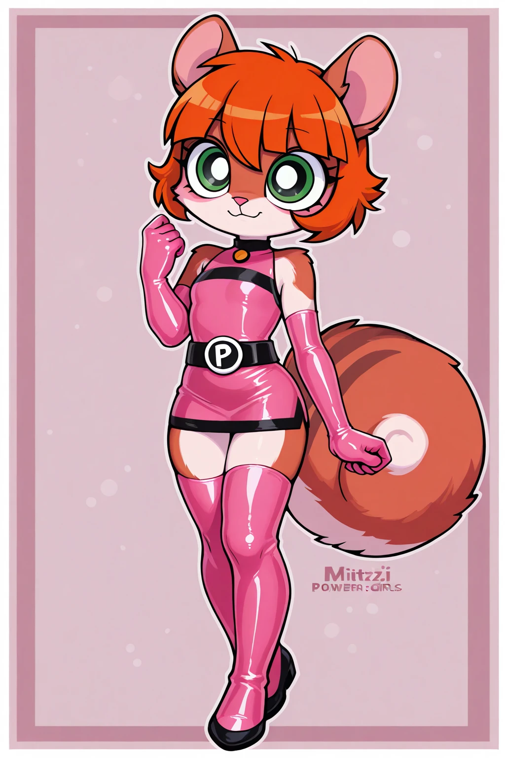 boy, squirrel, furry, bodyfur, tail, collar, bra, bottomless, gloves, boots, chibi, sparkling eyes, idol, hair bow, happy, full body, from side, standing, solo, pose, outstretched hand, small penis, testicles, flaccid