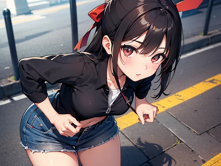 Anime Scene of a Female, with short chin-length wavy brown hair with pink-purple tips, hazel eyes, she is wearing silver earings, she is wearing a black chocker, has fair skin, she is wearing a jeans jacket, she is wearing a band shirt, she is wearing a black high-waist skirt, she is wearing red converse shoes