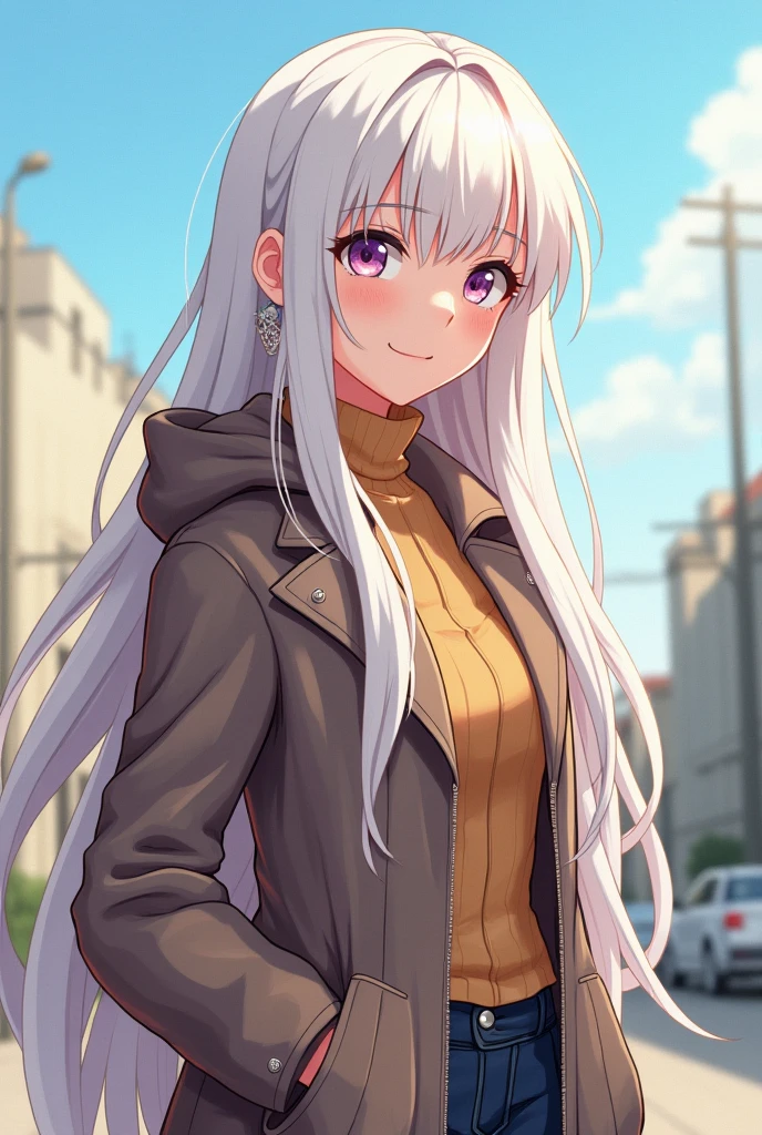 (Highest quality, High resolution, Very detailed), Silver Hair, Long Hair, Reddish brown eyes, sweater dress, lace thong, Large Breasts, 24th generation, Beautiful woman, mature, quiet, Calm, A small smile, city, street,