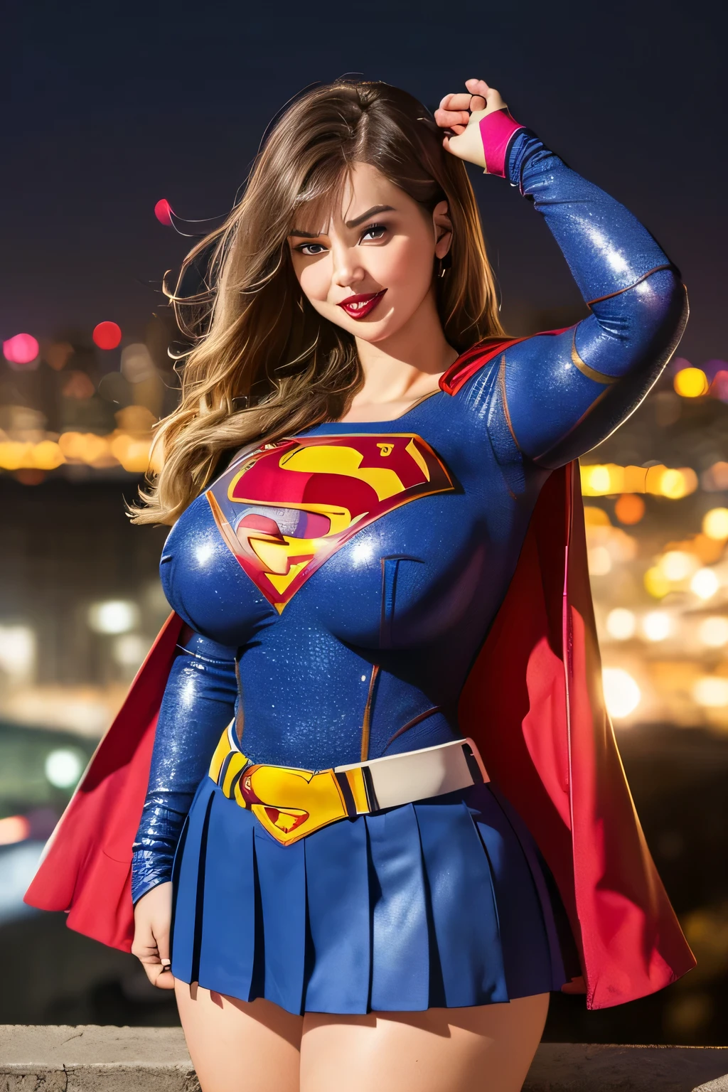 NSFW、photorealistic perfect body、super high quality、Ultra-high realistic image quality、Japanese、baby face、(wear supergirl:1.3)、(chain belt)、(knee high boots:1.3)、(huge breasts:1.8)、(cleavage:1.6)、thin waist、(curly hair:1.3)、(blonde:1.3)、(Good lighting from the front)、(blurred background)、(grin and laugh)、gal style makeup、gal style earrings、gal style bracelet、(gal style necklace、double necklace:1.3)、bustling street、Sit on a bench with your legs open