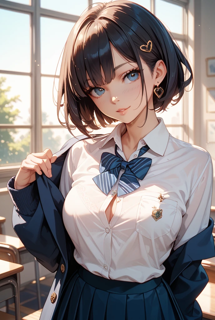 ((clothed:1.5,school uniform:1.5)),(from below:1.2),(Thin type:1.8),(big breasts),(random hairstyle),(Highest image quality,(8k),ultra-realistic,best quality, high quality, high definition, high quality texture,high detail,beautiful detailed,fine detailed,extremely detailed cg,detailed texture,a realistic representation of the face,masterpiece,Sense of presence)