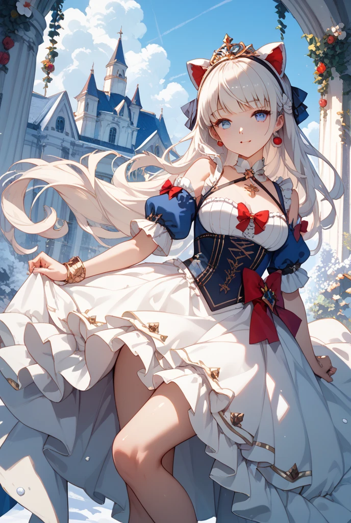 Anime girl in red and white dress holds a red rose., Kuchart Krenz Key Art Feminine, splash anime art , , to dress, Cute anime waifu in pretty outfits, Ayaka Genshin Impact, Azure Lane Style, From the video game Azur Lane, official artwork, Clear and crisp RPG visuals, official art, big breasts, realistically, girl