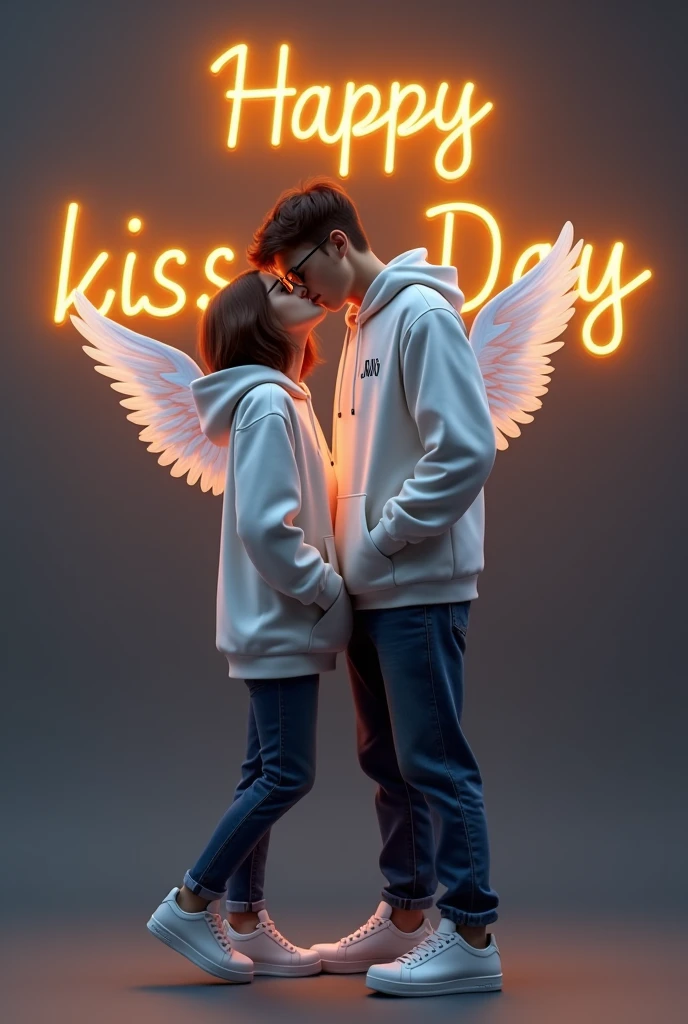 Create a 3D realistic illusion image a 20 year old boy and girl in a white hoodie and standing comfortably wearing sneakers and sunglass. the boy is kissing ” love” is written in white and yellow neon lights in the romantic background, the background is dark gray and is shaded in a the background. “Manav” is written on the boy’s hoodie and “Mahi” is written on the girl’s hoodie And he has wings which makes she look like an angel
