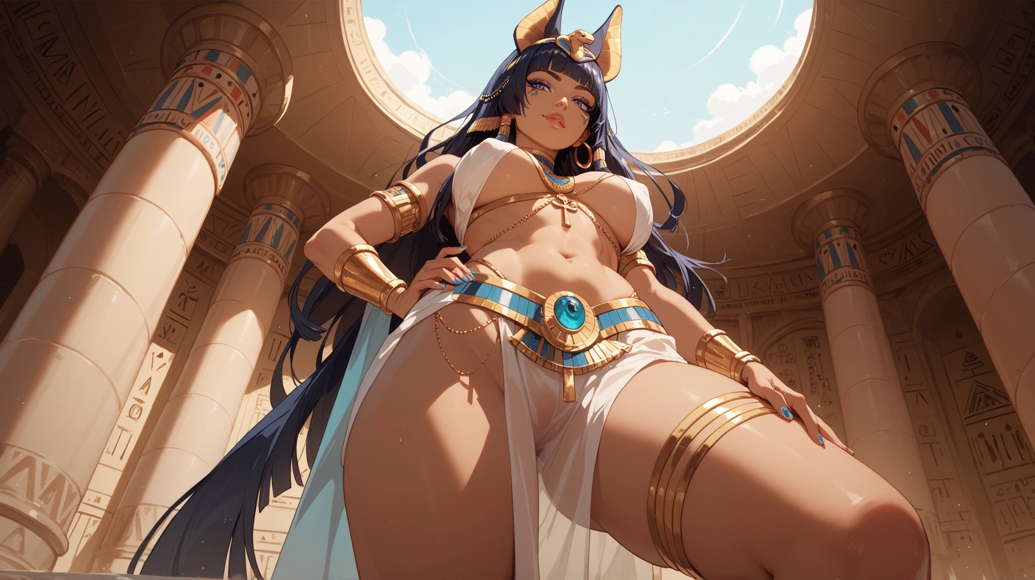 1 woman, black hair, very long hair, golden eyes, beautiful eyes, big eyes, big lips, glossy lips, very curvy body, big breasts, long legs, big butt, wide hips, thick thights, defined image, seductive gaze, ancient Egyptian, ancient Egyptian queen, big gold earring, gold necklace, gold bracelets, white dress, sexy