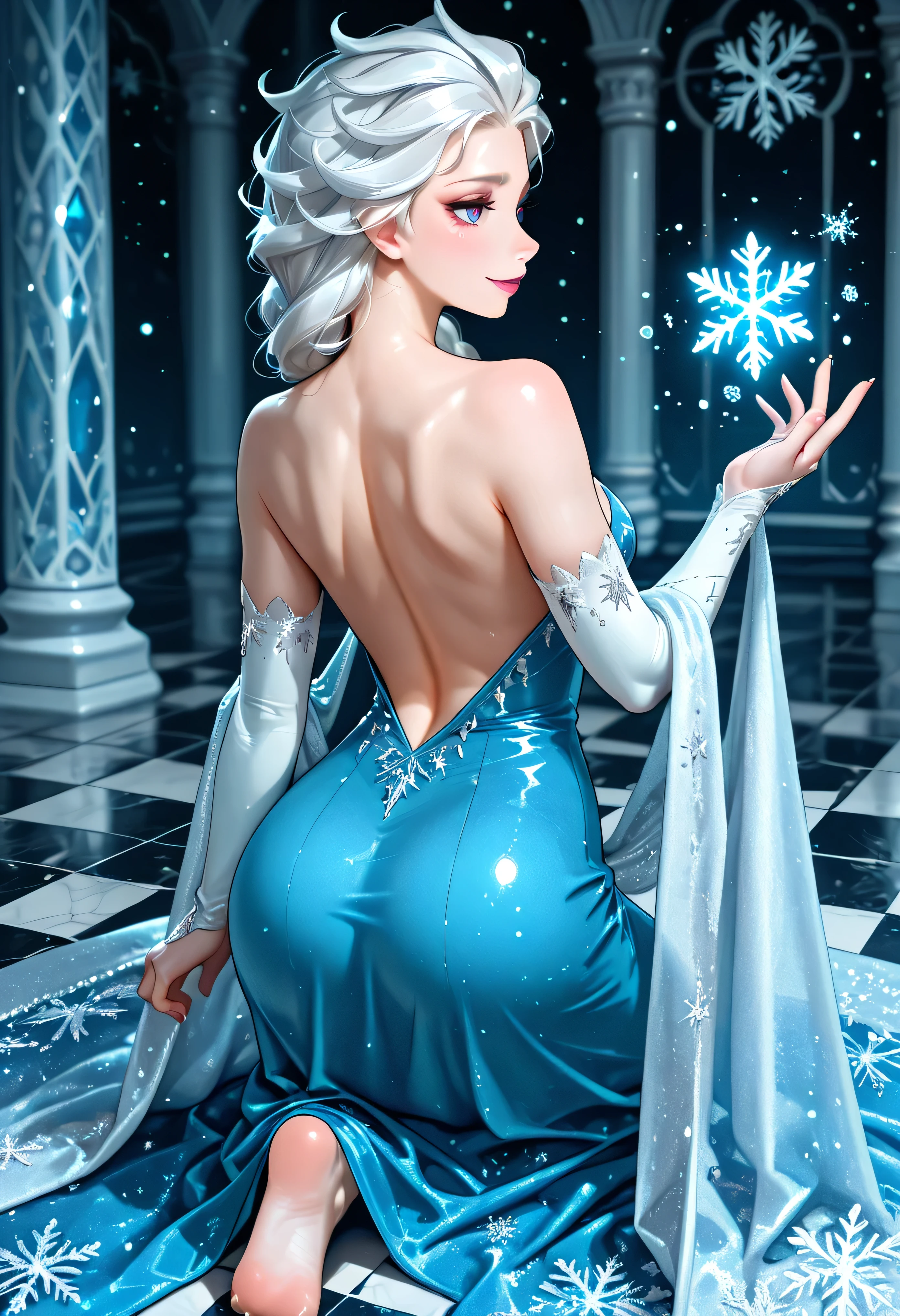 "Elsa kneeling on a frosted marble floor with her back arched, her gown slipped down to reveal bare shoulders and a teasing hint of her curves, glowing snowflakes floating in the cold palace air behind her."