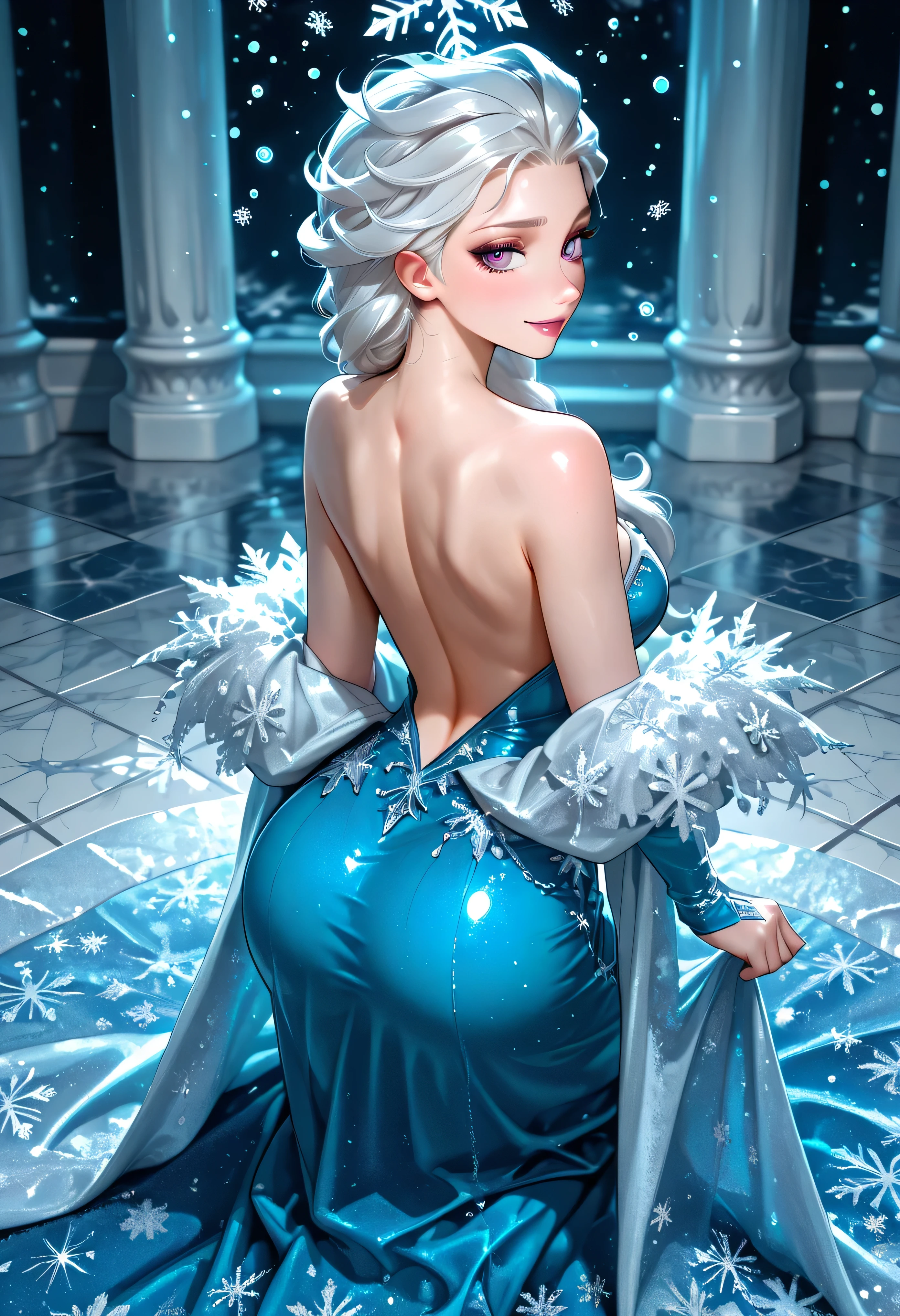 "Elsa kneeling on a frosted marble floor with her back arched, her gown slipped down to reveal bare shoulders and a teasing hint of her curves, glowing snowflakes floating in the cold palace air behind her."