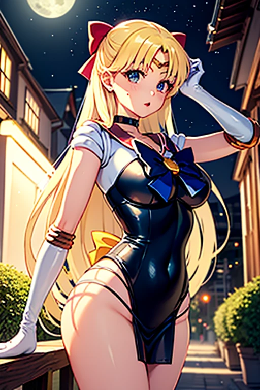 1boy and 1girl, Angle from the front,  Angle from below:1.8, (Moonlit night)、(On the roof of a building)、thighs、(shiny White skin:1.6)、blue eyes, ((Slim figure)), (12 years old girl), (grin), (Shiny blonde hair)、Long hair, (forehead), Blue ribbon on chest, Big red ribbon, ((Sailor Venus))、Sailor suit、Pleated mini skirt、foot on penis, ((footjob)), 1penis, under hair, scrotum、((eject cum)), (footjob)、((Amazon Position)), (The boy has his legs open)、(The girl rapes the boy), 