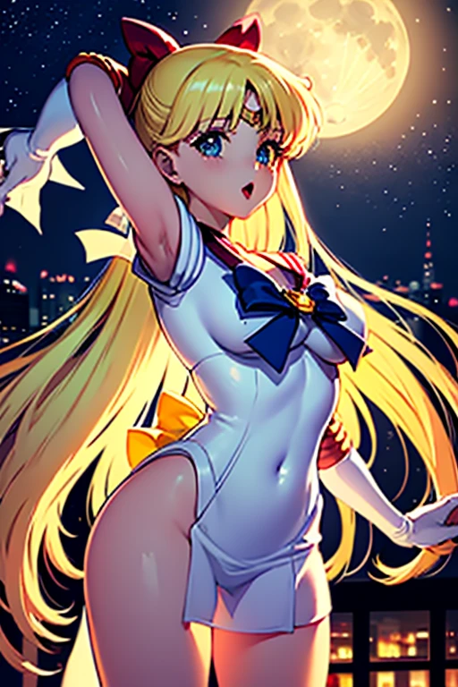 1boy and 1girl, Angle from the front, Angle from below:1.8, (Moonlit night)、(On the roof of a building)、thighs、(shiny White skin:1.6)、blue eyes, ((Slim figure)), (12 years old girl), (evil grin), (Shiny blonde hair)、Long hair, (forehead), Blue ribbon on chest, (Big red ribbon), ((Sailor Venus))、Sailor suit、(Orange pleated mini skirt)、punching penis, ((attacking)), 1penis, under hair, scrotum、((eject cum)), (fighting pose)、((Amazon Position)), (The boy has his legs open)、