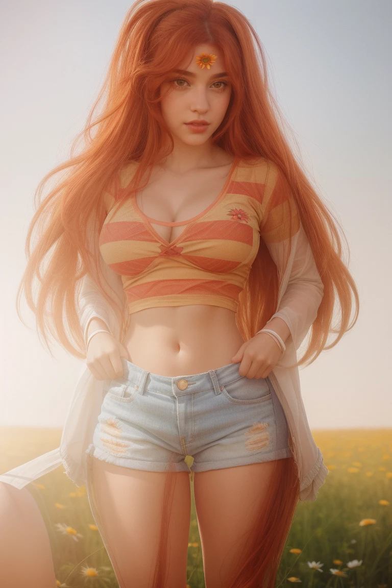 US, (best qualityer), (8k_wallpaper), (great lighting), Beautiful girl, hair orange, very big breasts, body skinny, white and blue striped t-shirt, yellow mini skirt, (cinematographic), (detaileds)