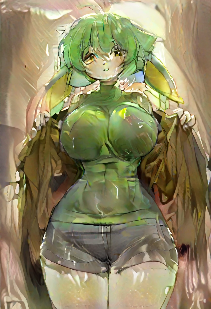 Short black hair, tall, shiny skin, glossy skin, huge breasts, fit, dark green skin, very long legs, nude, angry smile, 4 arm