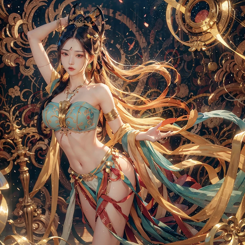 Pure erotic photography,Perfect masterpiece,best qualtiy,超A high resolution,,Movie Angle,,Professional lighting, ,Perfect focus,realisticlying,Ultra-high resolution fabric texture,Persian dancer,Supermodel figure,Golden ratio body type,Large cleavage、Golden body,photorealistic perfect body,Painted in gold throughout,Realistic gold foil paint is applied all over the body,Shiny skin,The goddess of gold, glistening body,The face of the flawless goddess,Beautiful and delicate eyebrows and eyelashes,Sexy red lips,Perfect lip shape,clear skin texture,wetted skin,8k eye details,8K pupils(Advanced facial details:1.1)Long light blonde hair,Long light blonde hair,Clear strands of hair,Careful hair texture(Premium hair details:1.1)Gorgeous deep V-neck loose dress,Bright red gorgeous dance dress,Erotic belly dancing costumes,Large open neckline、Gorgeous and charming costumes(Full chest support clothing)Jackpot accessories、gold earring、Gold necklace、Gold bracelet、Gold-tone anklet、indoor,Persian palace,Persian decorated rooms, Golden Noble Room, Brilliant light, Gold interior, Gold and silver treasures,Expensive paintings, Bright red series,fully body photo, Photo of woman gold leaf lacquer art,Works by Persian dancers,High quality work