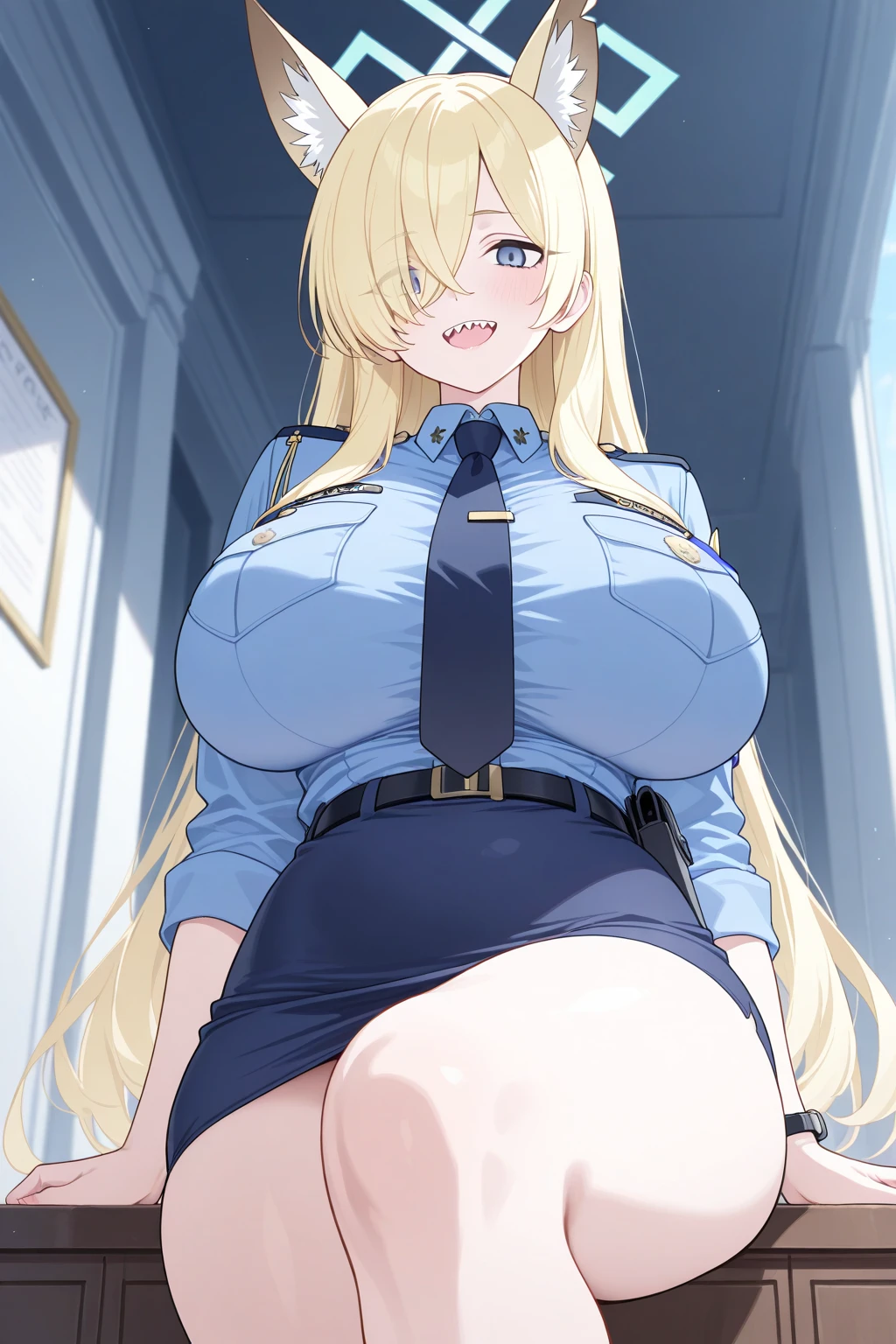 masterpiece, best quality, 1girl, solo, Blonde hair, Blue eyes, Extremely detailed_Eyes, (eyes liner:0.5),(Blush:0.5), big breasts, cleavage, very busty, but well-proportioned feminine body, very curvy, Simple Diamond Earrings, view the viewer, Light smile, finger nails, beautiful fingers, ((Wearing: Blue Flight attendant uniform, Simple Diamond Earrings, Black pantyhose, Black high heels, Blue short skirt uniform:1.1)), on board plane((inside airplane)), Perfect Anatomy,(Professional Lighting), sharp focus, even lighting, insane details, intricate details, hyperdetailed, rich colors,