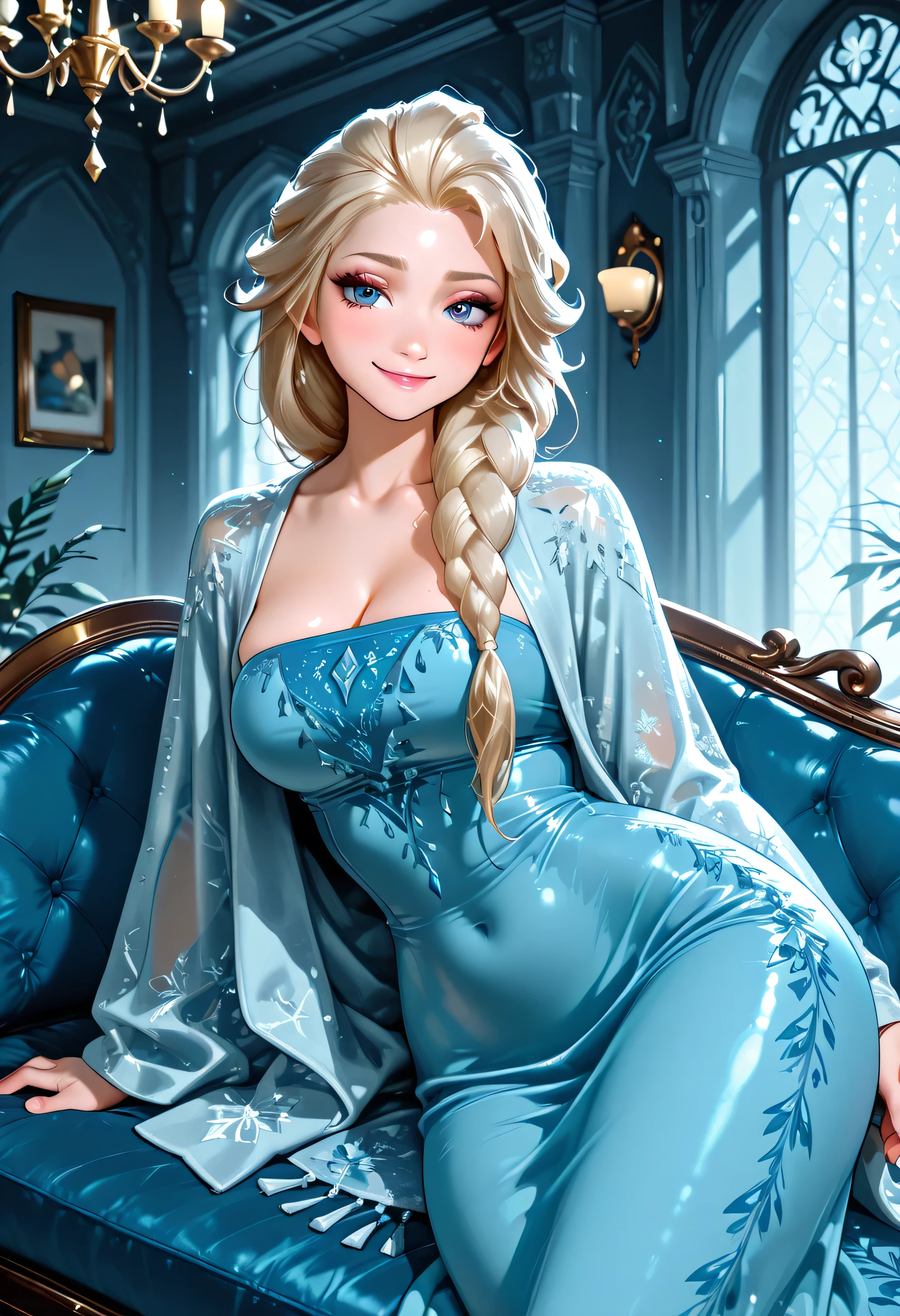 "Elsa laying on her side on an icy chaise lounge, looking over her shoulder with a sultry smile, her silk robe barely covering her curves, shimmering with frost under the moonlight filtering through the palace ceiling."