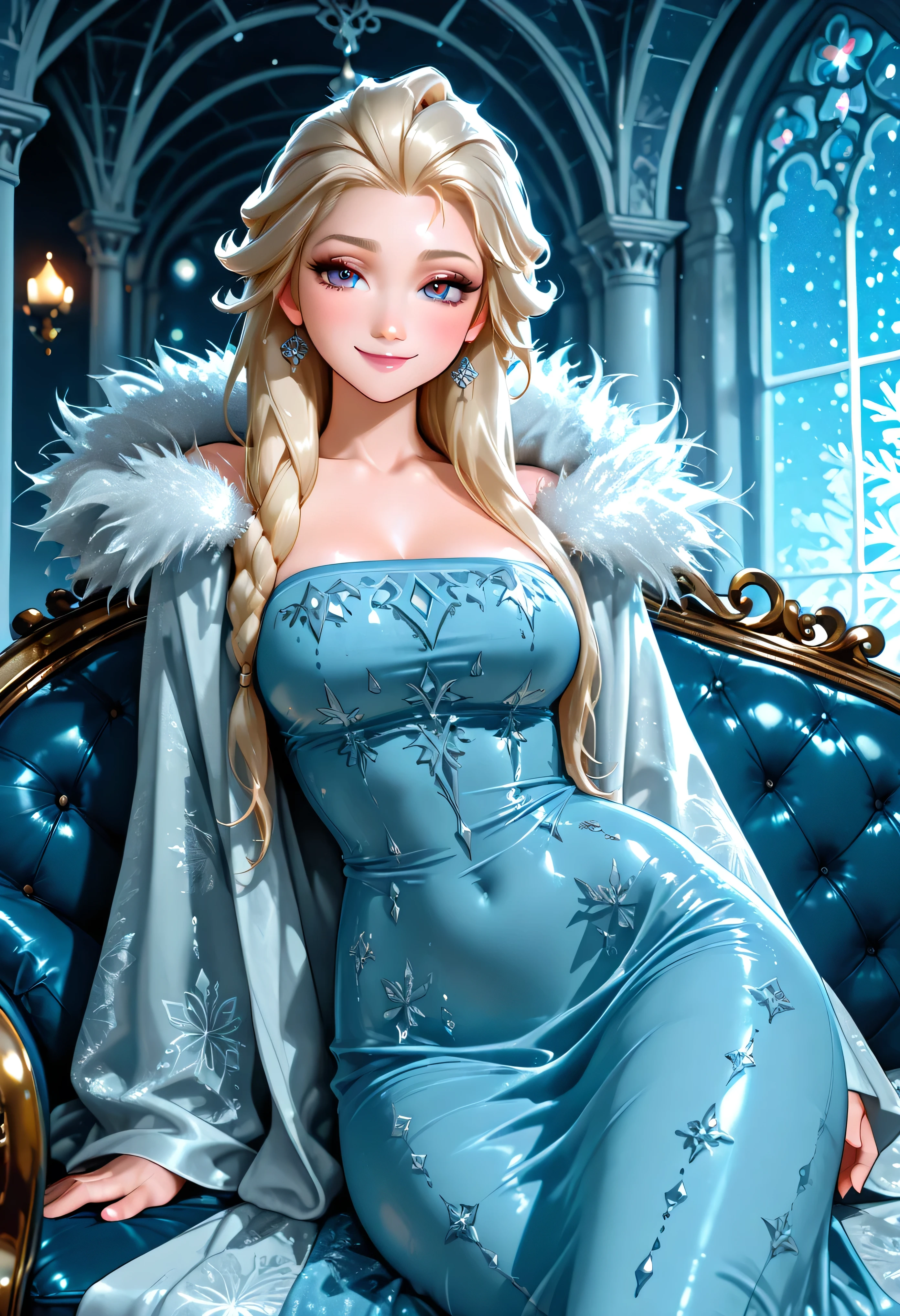 "Elsa laying on her side on an icy chaise lounge, looking over her shoulder with a sultry smile, her silk robe barely covering her curves, shimmering with frost under the moonlight filtering through the palace ceiling."
