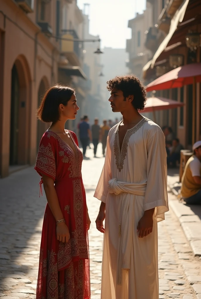 Tetouan, 1937. portrait of A young ((((25-year-old)) Sira Quiroga)), beautiful, skinny, hugging english boyfriend Marcus Logan, ((sad farewell)), ((((clothings from the 1930s)))), ((hairstyle of the 1930s)), ((colorful))