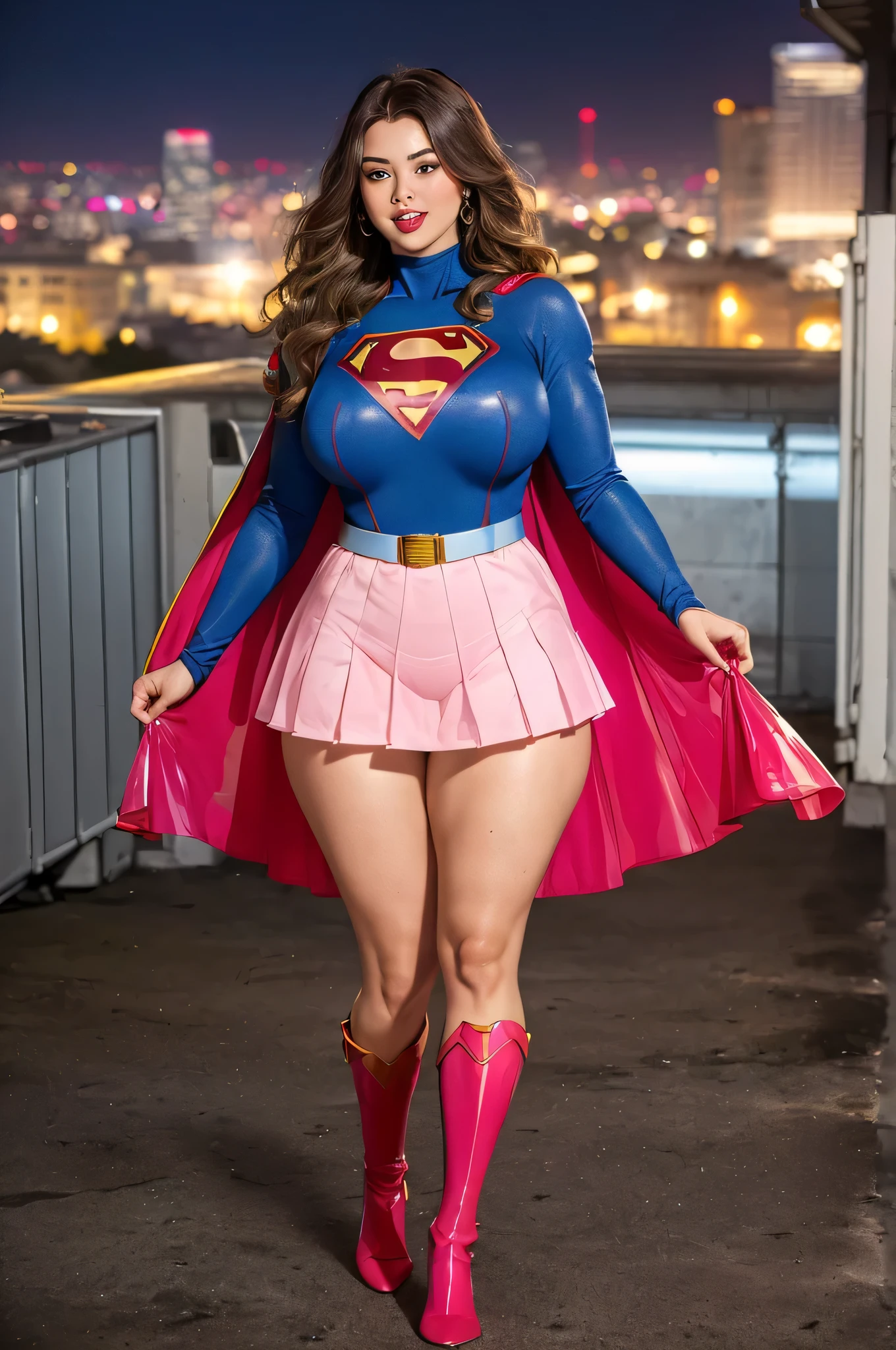 Supergirl, 27 years old, full body shot, Beautiful woman (((shoulder length wavy caramel blonde hair))) (bangs:1.2) defined body, Red lipstick, smiling, hands free, standing, (huge_breasts:1.3) (very full figure, curvy, chubby, very soft, very thick, big breasts, sexy, sexy pose, fat thighs) ((( short sleeve, sparkling blue and red leotard, flowing red cape, red pleated skirt of Supergirl))), rooftop city night, (curvy:1.4)